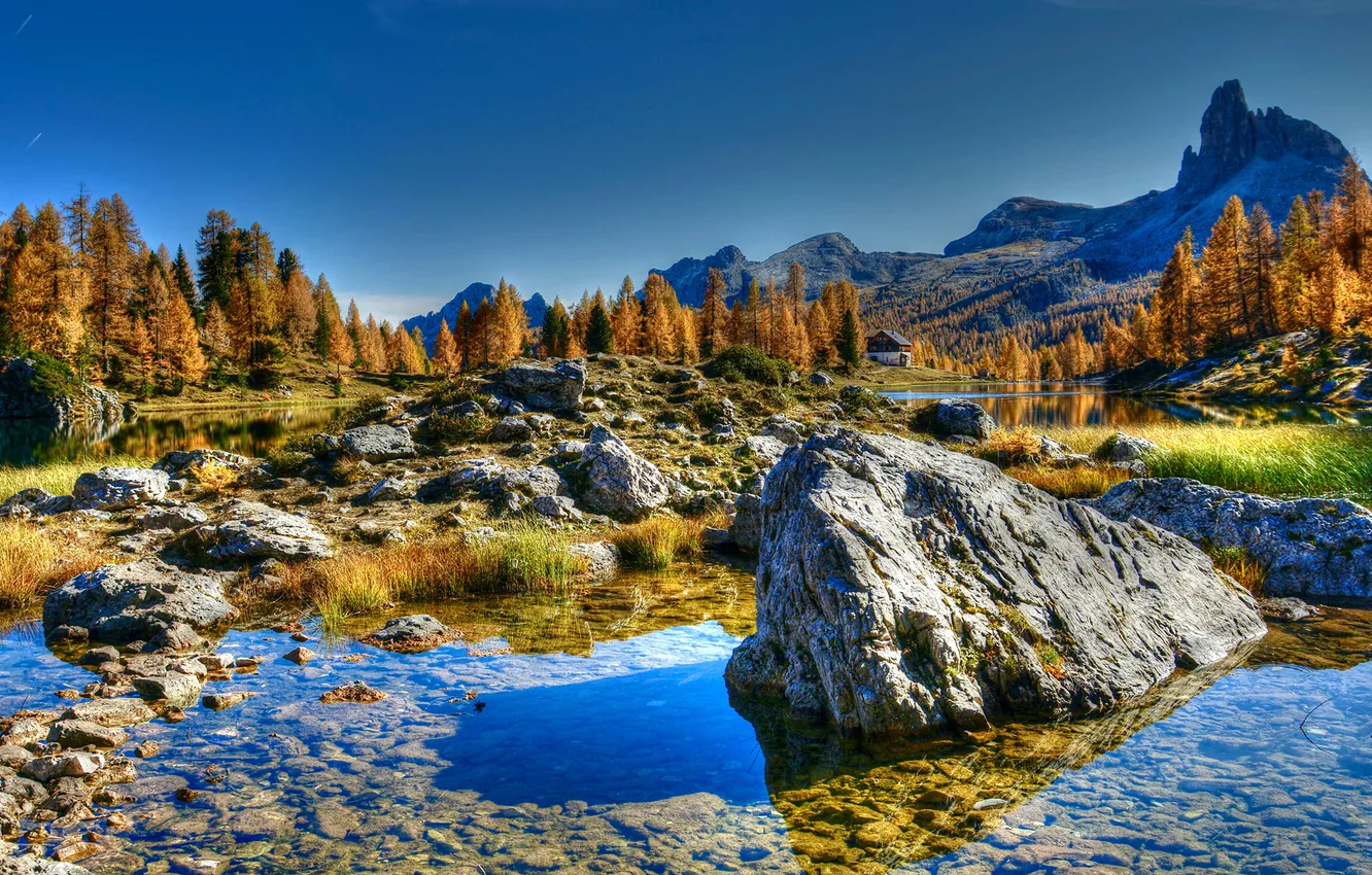 Photo wallpaper Mountains, Autumn, Lake, Stones, Italy, Landscape, Dolomites