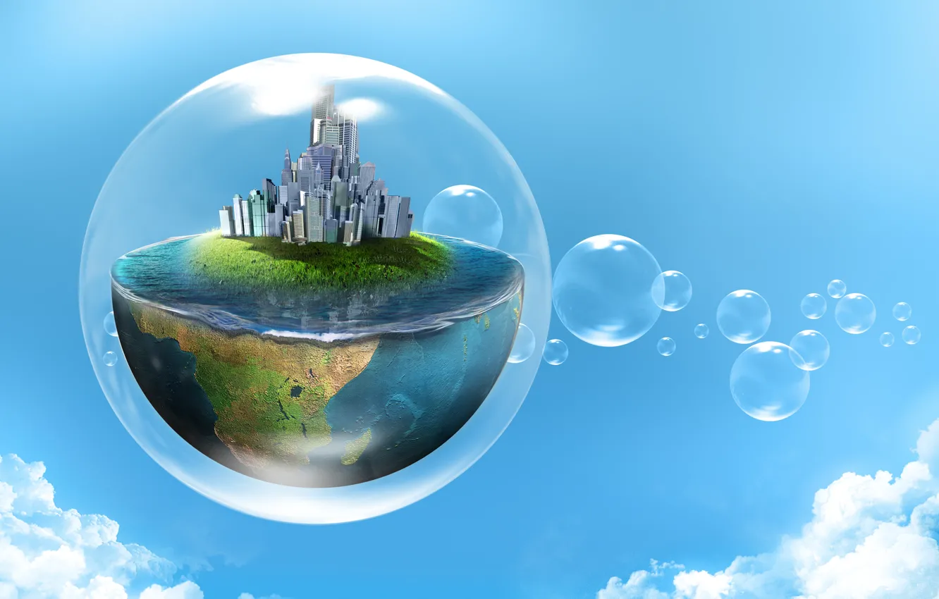 Photo wallpaper the sky, water, clouds, the city, creative, half, planet, bubble