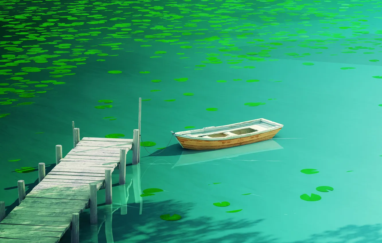 Photo wallpaper water, light, reflection, green, boat, dark, Board, plant