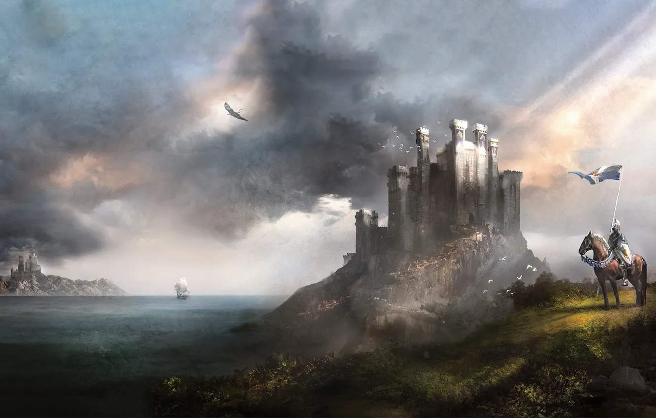 Photo wallpaper sea, castle, horse, ship, warrior, art, knight, sea
