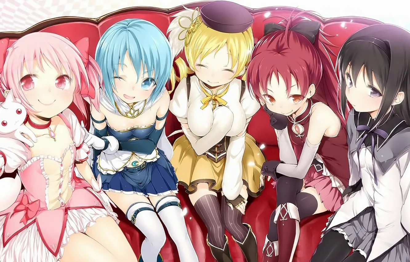 Photo wallpaper sofa, corset, smile, friend, mahou shoujo madoka magica, homura akemi, madoka kaname, sayaka miki