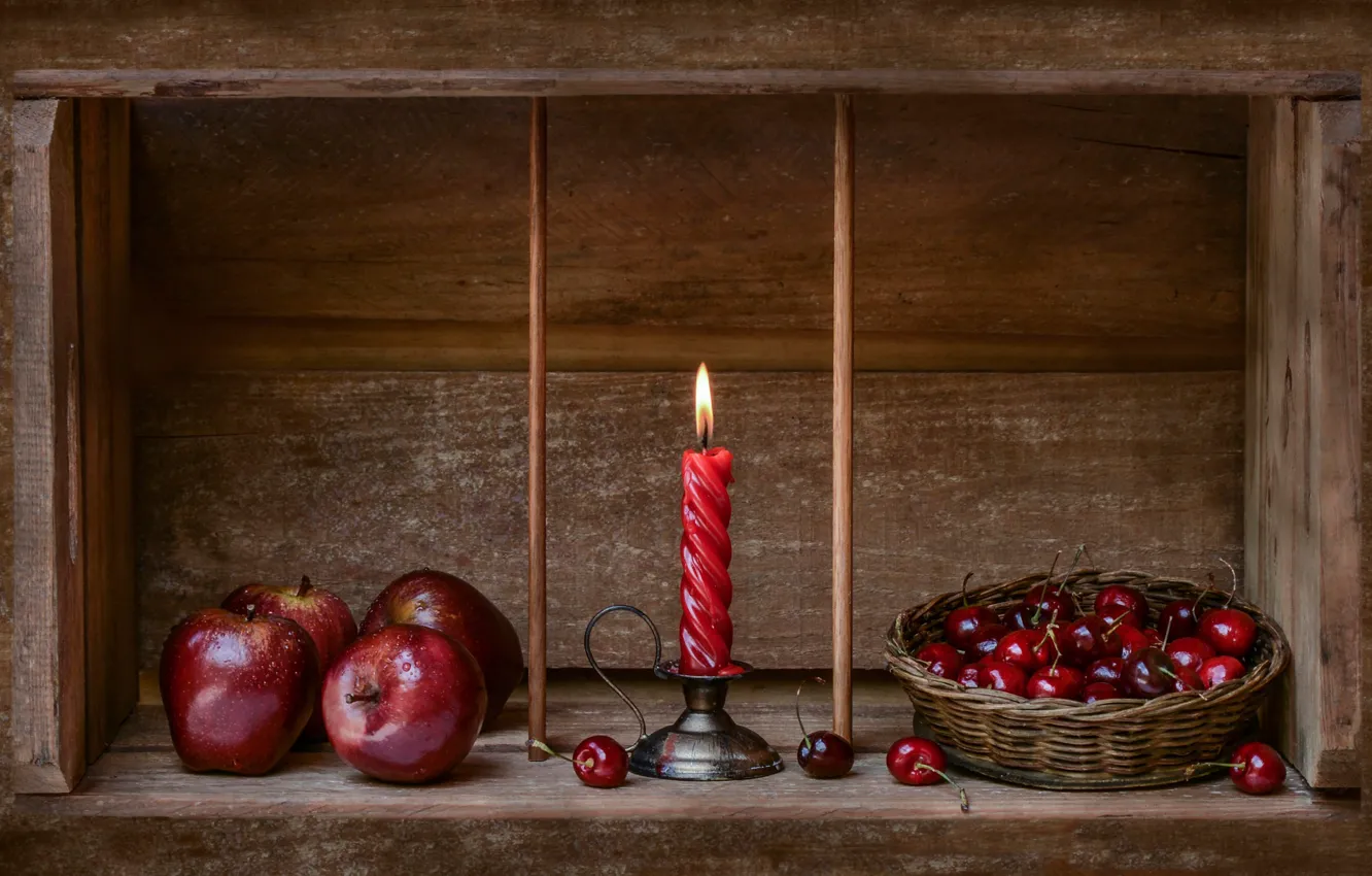 Photo wallpaper apples, candle, Christmas, cherry, Merry Christmas