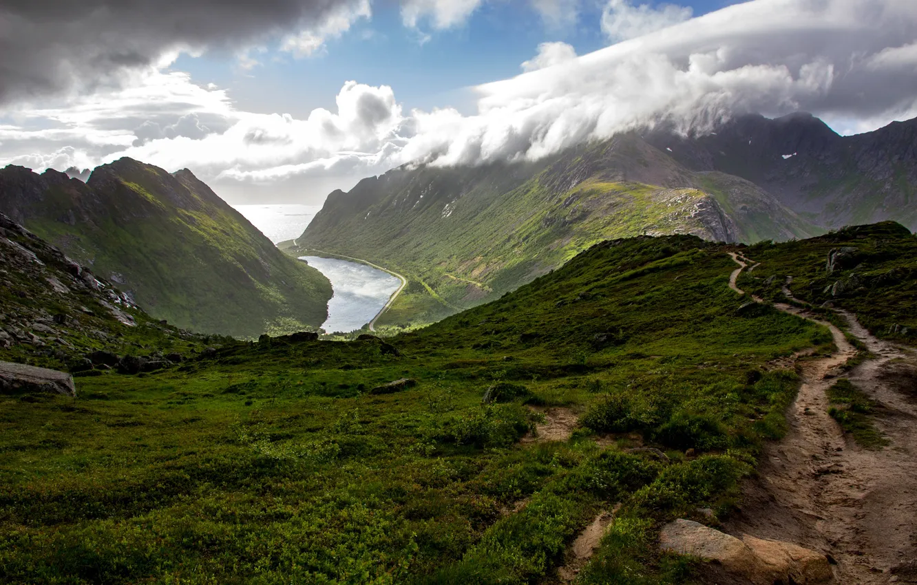 Photo wallpaper sea, grass, clouds, mountains, stones, rocks, coast, height