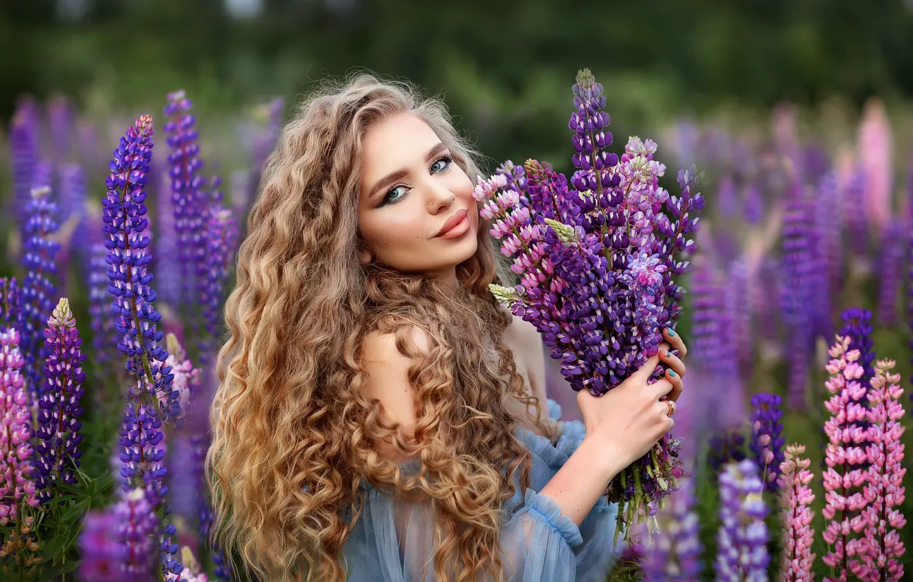 Photo wallpaper girl, flowers, nature, bouquet, makeup, curls, Rus, lupins