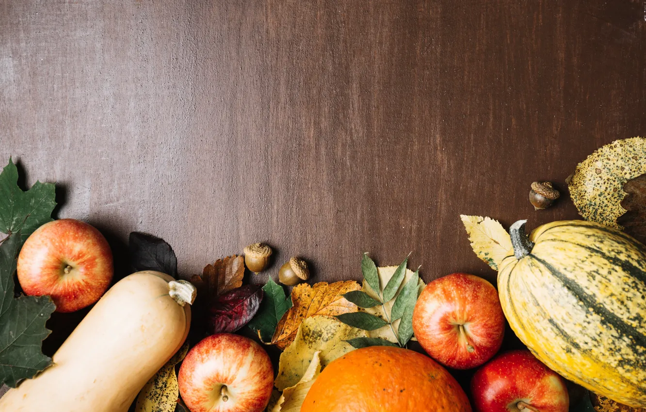 Photo wallpaper autumn, leaves, Apple, fruit, pumpkin