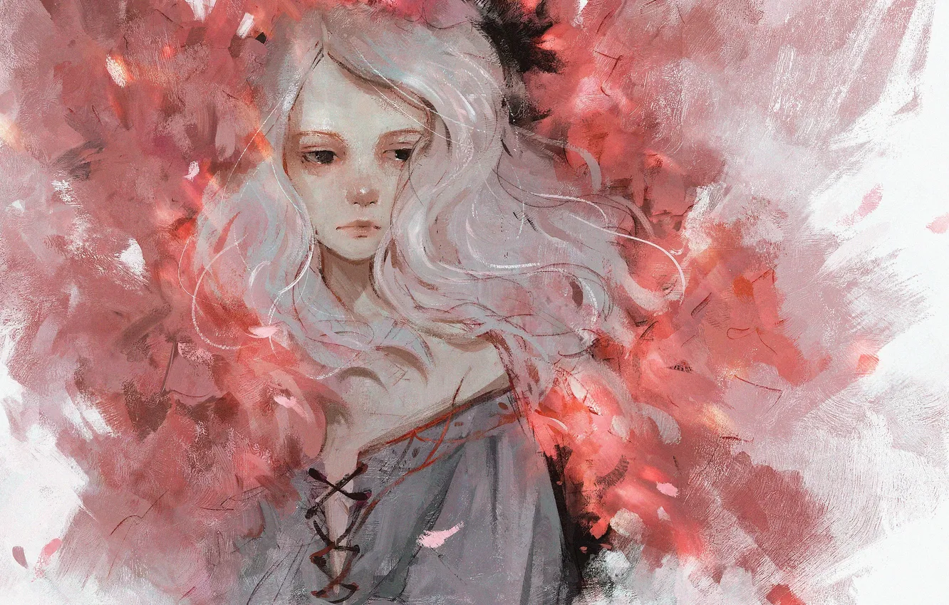 Photo wallpaper girl, pink background, white hair, from panda, by Panda
