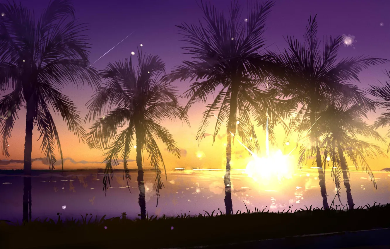 Photo wallpaper water, the sun, nature, palm trees, polymasc