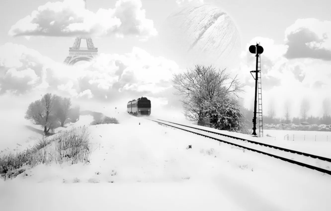 Photo wallpaper winter, rails, train, treatment