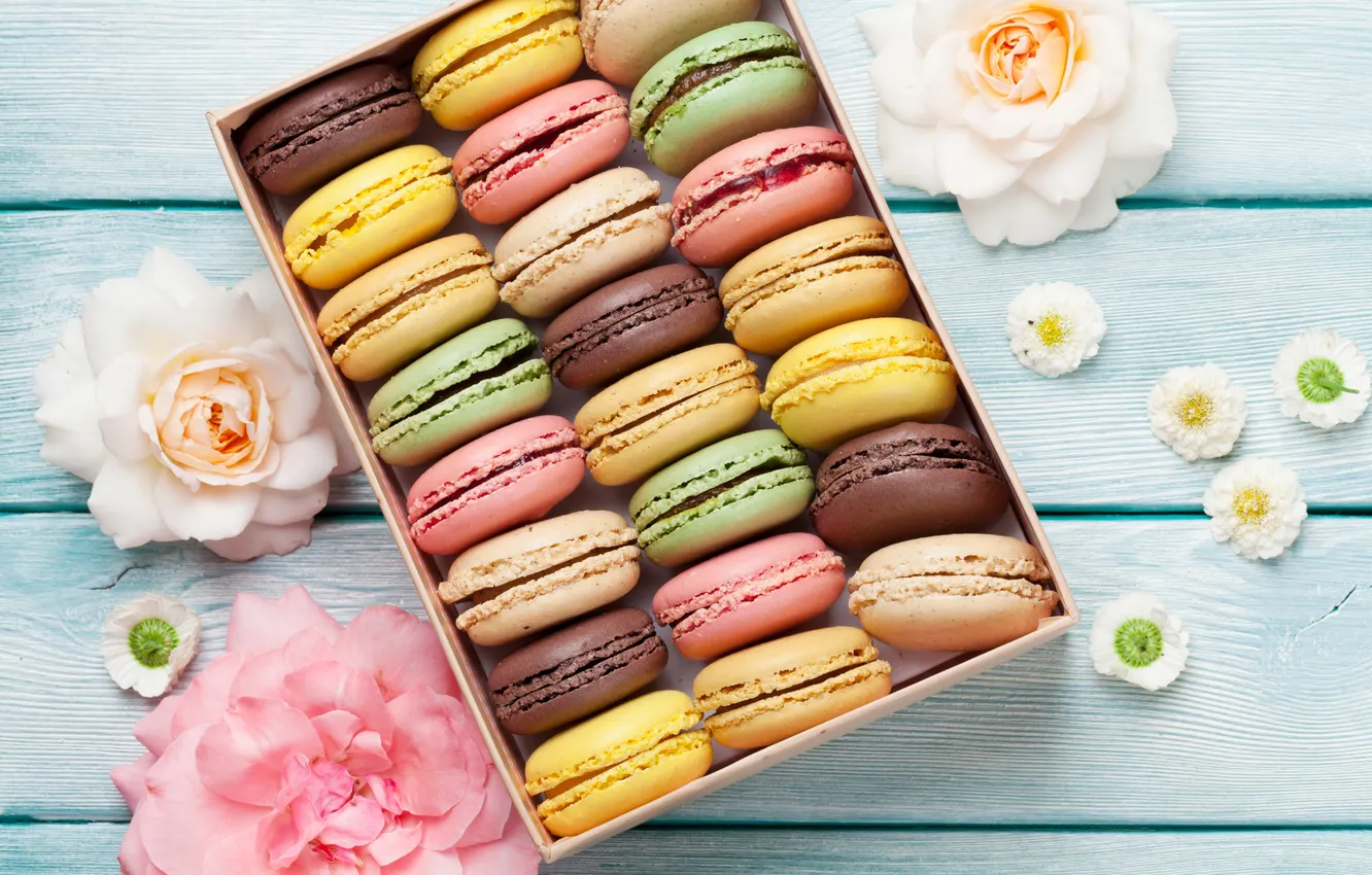 Photo wallpaper flowers, gift, colorful, wood, pink, flowers, macarons, gift box