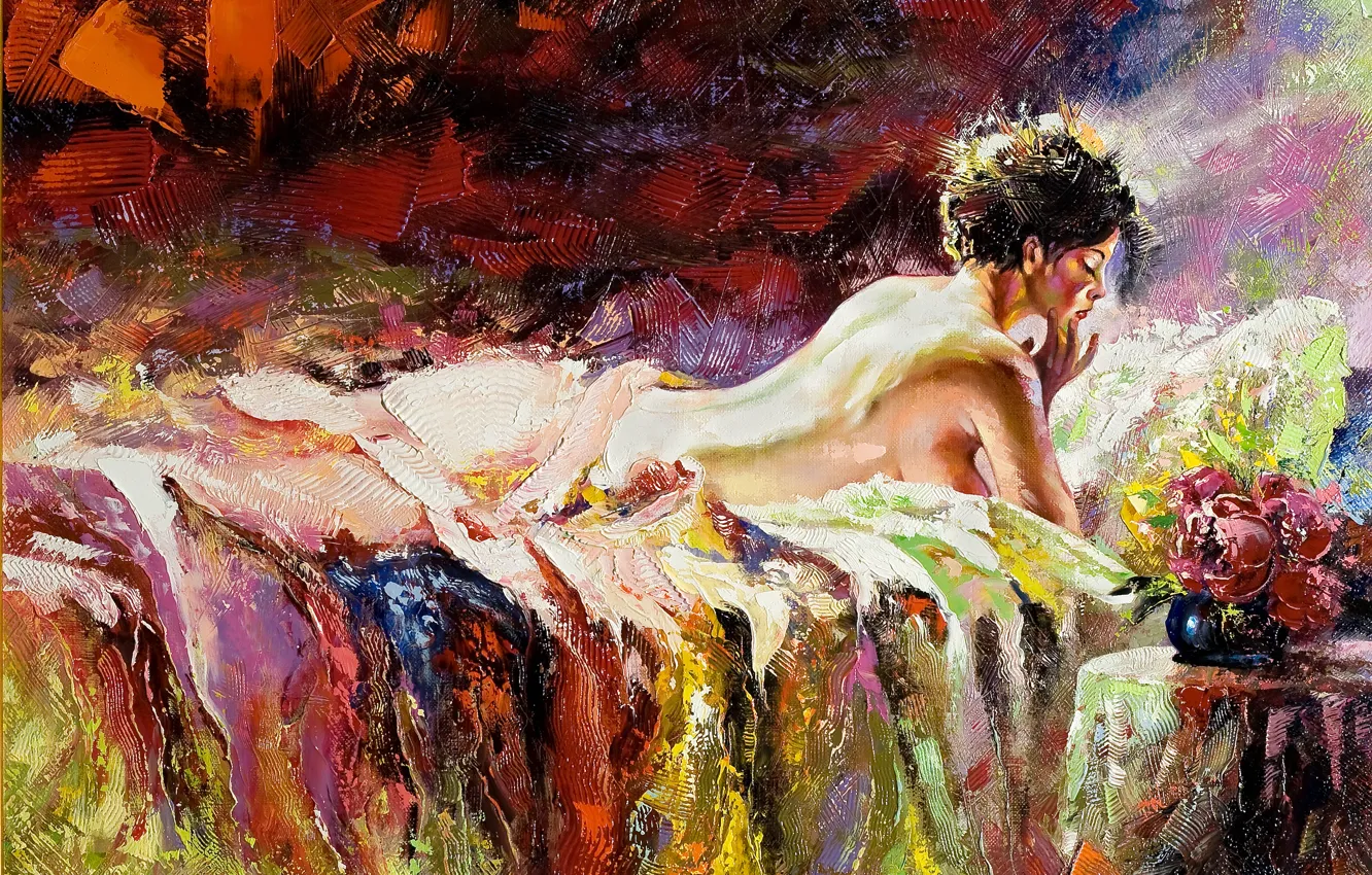 Photo wallpaper girl, flowers, face, hair, back, bed, lies, profile