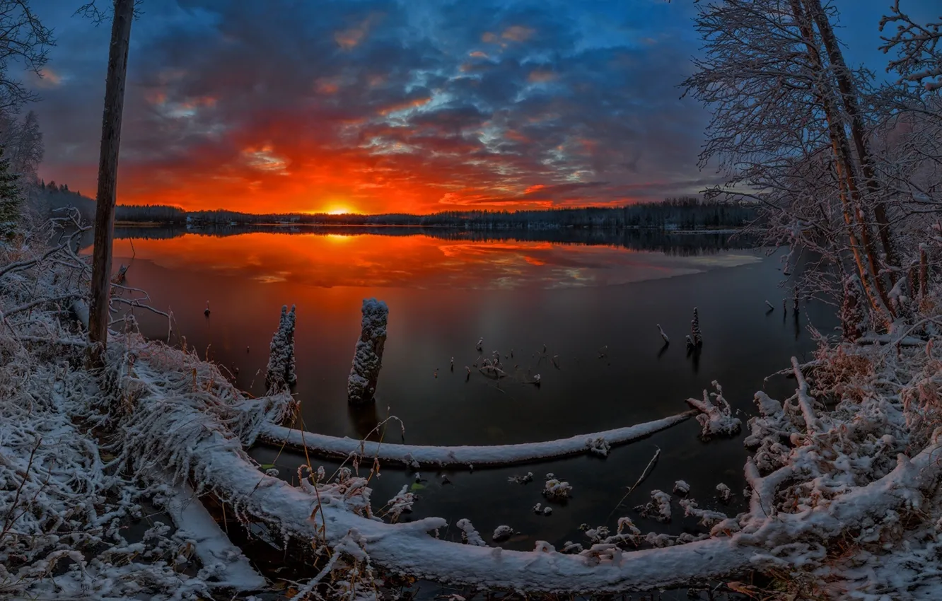 Photo wallpaper ice, winter, snow, sunset, lake