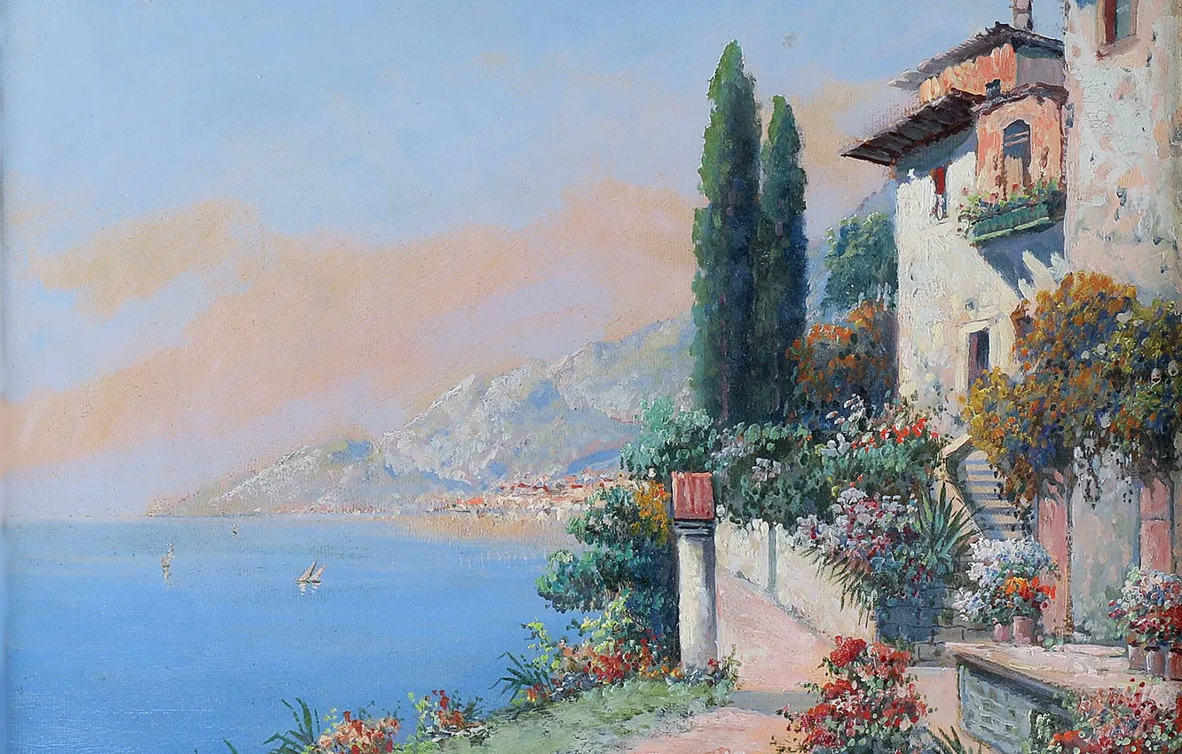 Photo wallpaper trees, lake, home, picture, Alois Arnegger, Austrian painter, Alois Arnegger, Varenna on Lake Como