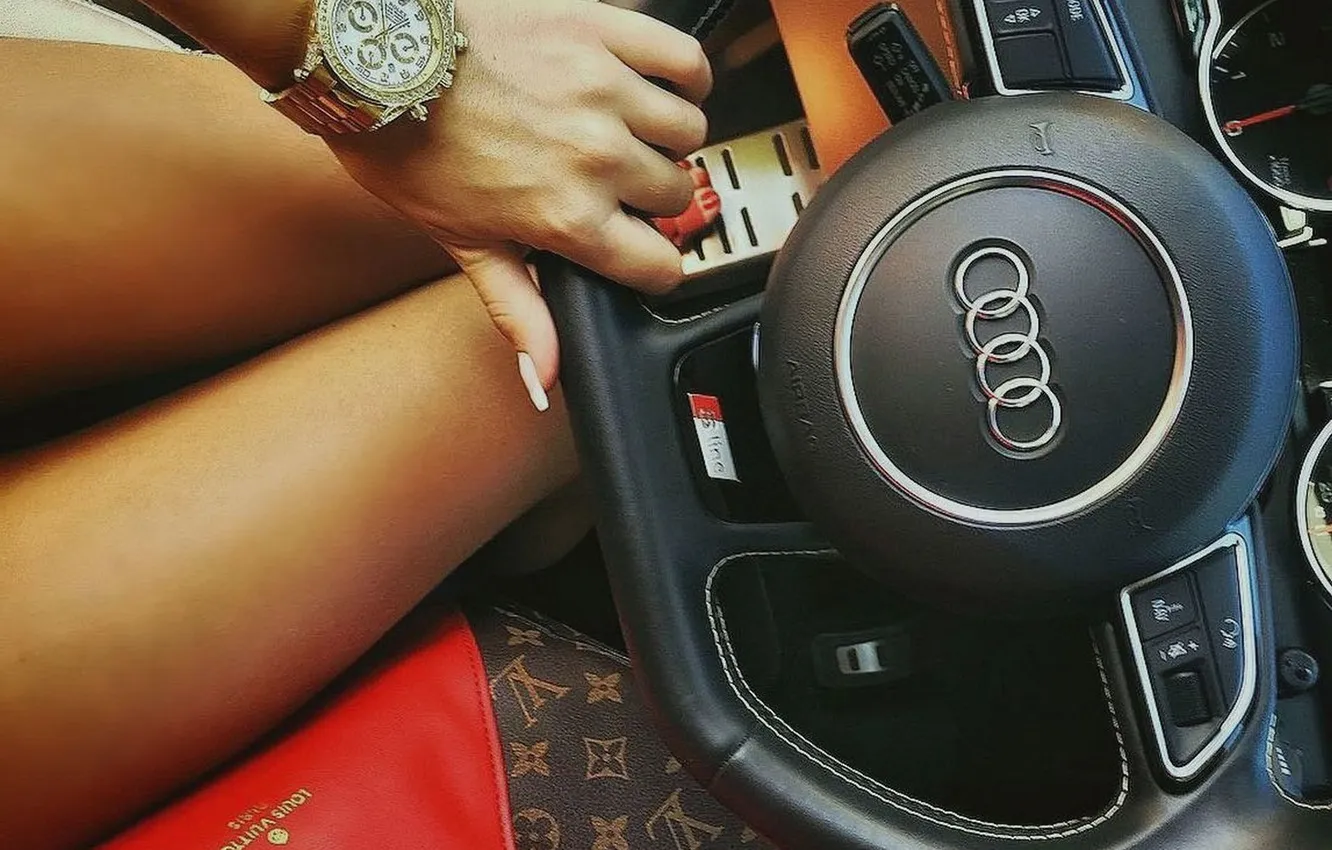 Photo wallpaper auto, girl, Audi, feet, watch, the wheel, manicure, slender legs