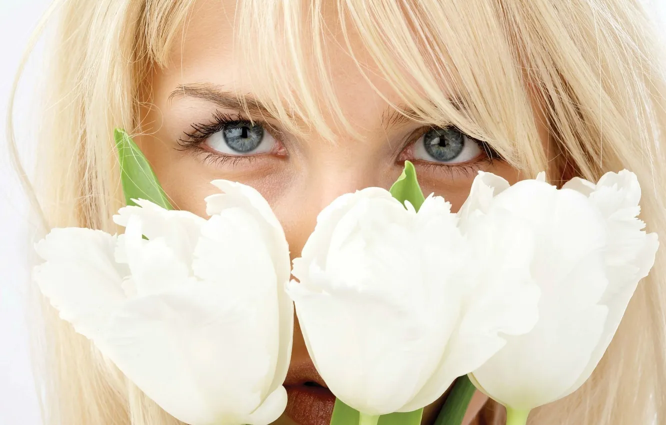 Photo wallpaper eyes, girl, flowers, blonde, tulips, white