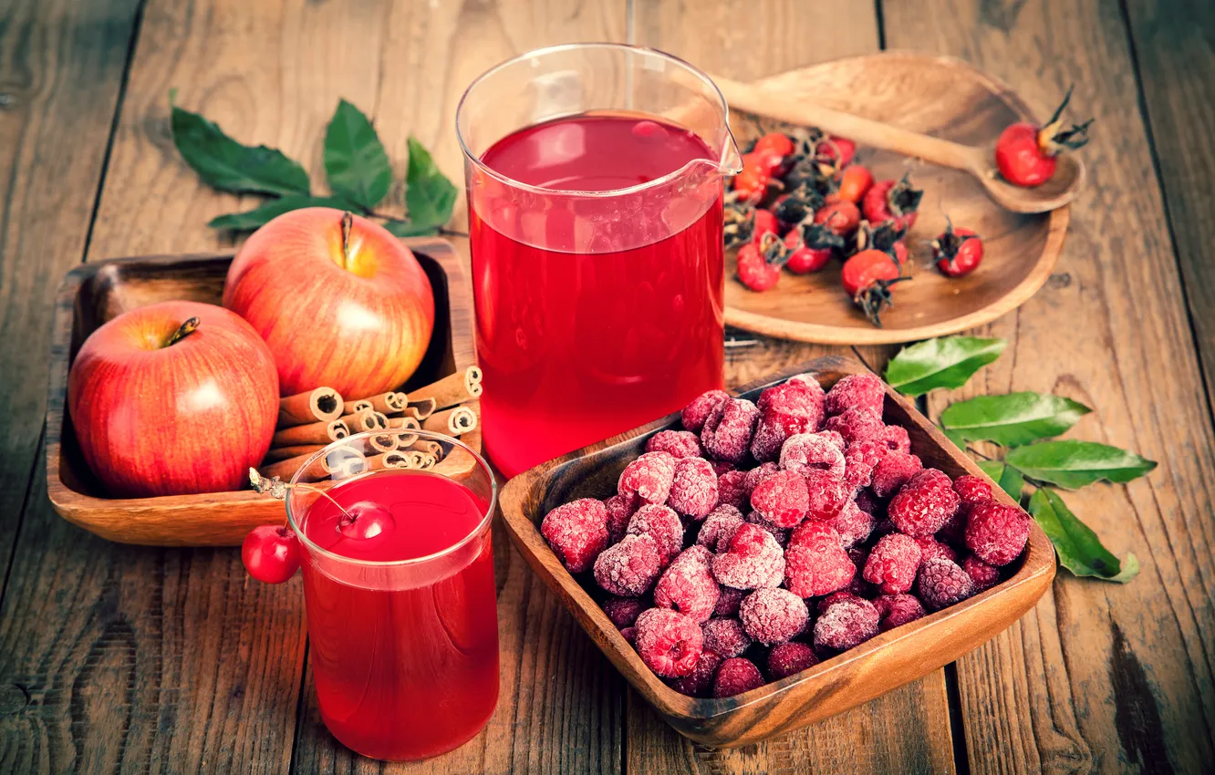 Photo wallpaper berries, raspberry, apples, juice, juice, fruit, cinnamon, fresh