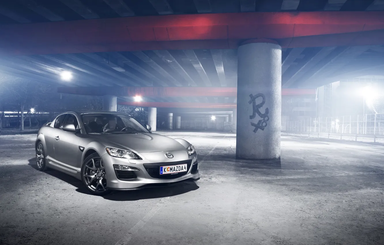 Photo wallpaper glare, Mazda, silver, Mazda, RX-8, silvery, concrete pillars