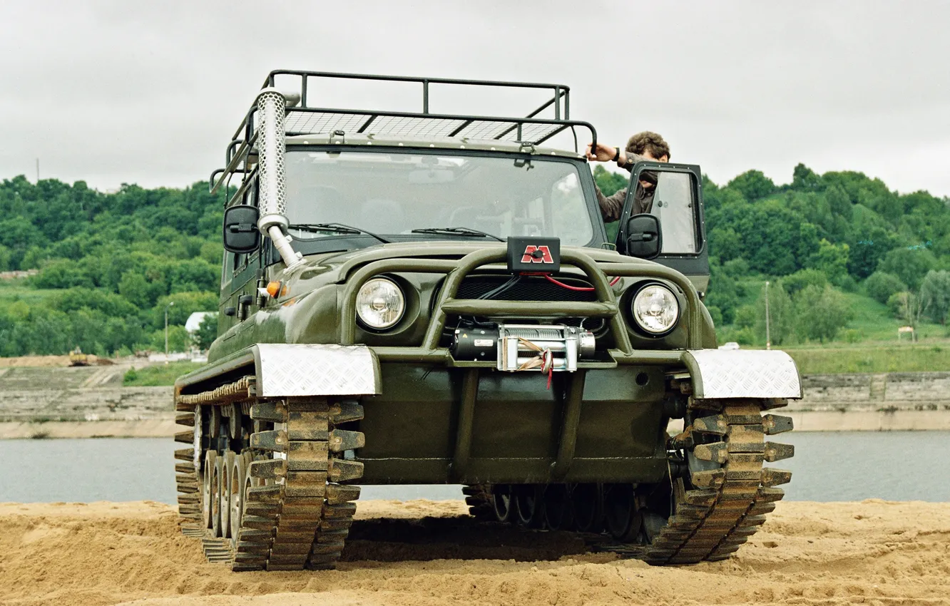 Photo wallpaper sand, caterpillar, river, shore, UAZ, WHTICH