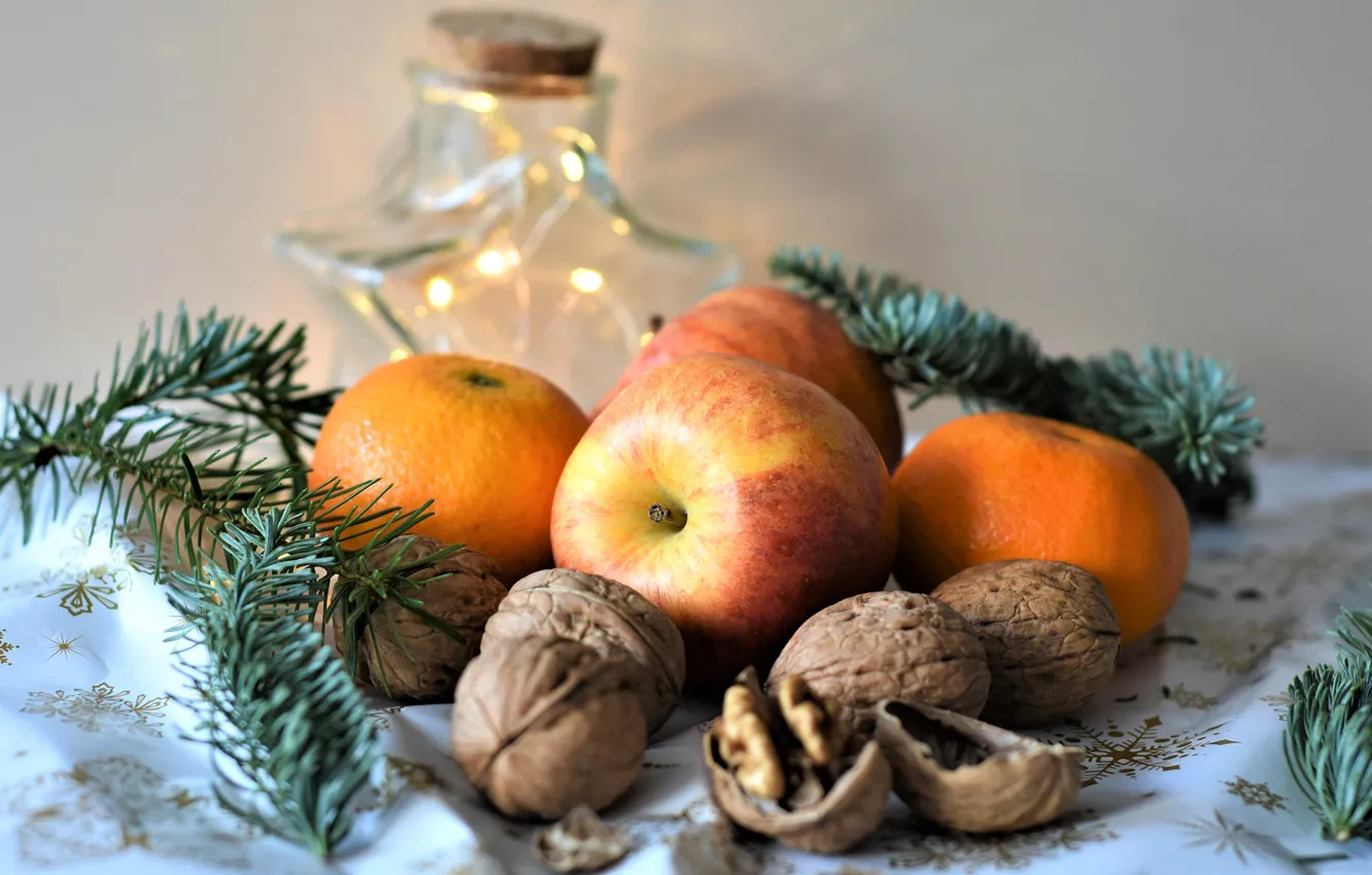 Photo wallpaper apples, tree, new year, fruit, nuts, Christmas, tangerines