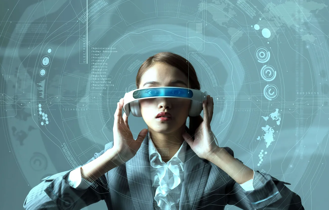 Photo wallpaper girl, Future, glasses, female, futuristic, Engineer, display, development