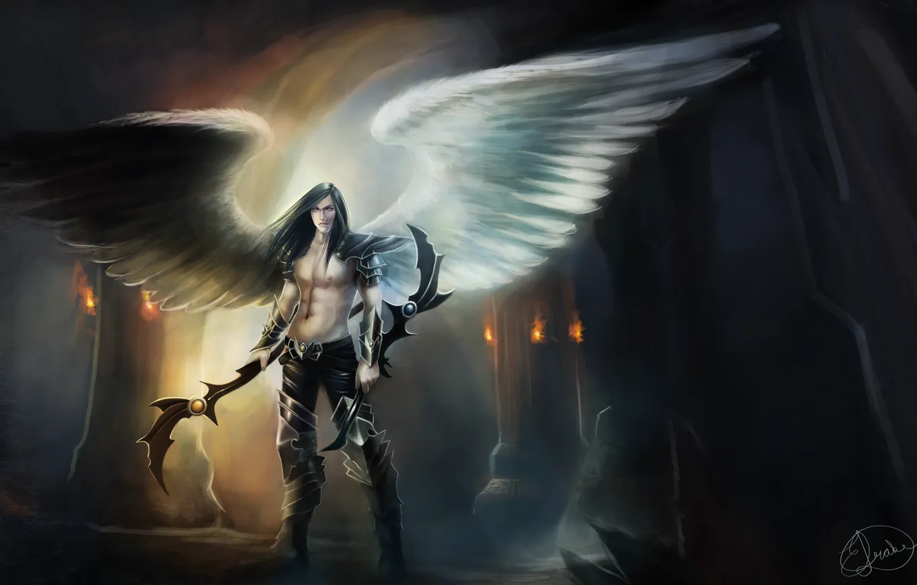 Photo wallpaper fiction, wings, angel, the demon, art, guy, weapons. look