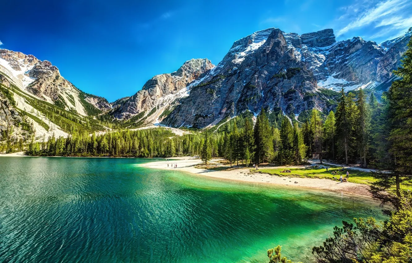 Photo wallpaper landscape, mountains, lake, green water