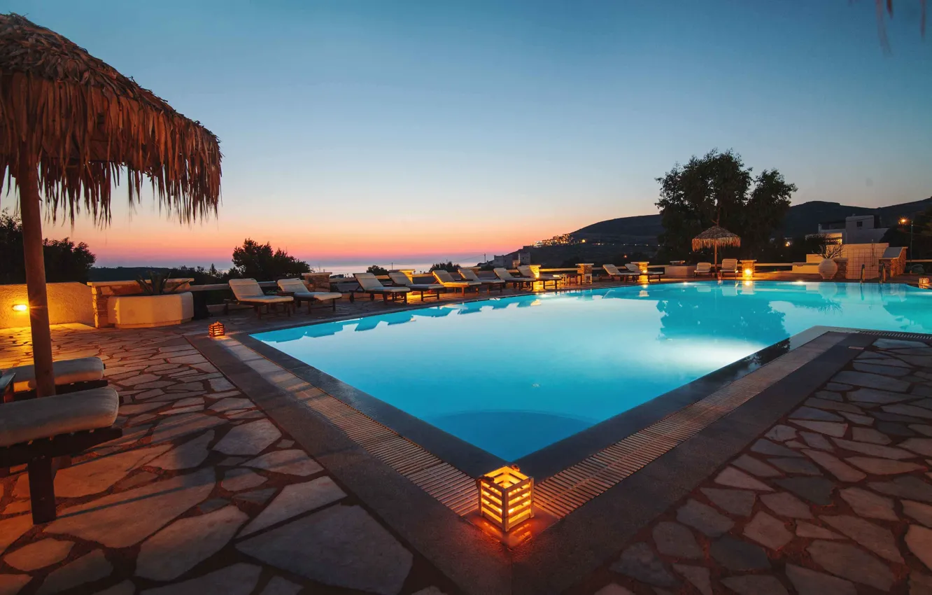 Photo wallpaper sea, Villa, view, the evening, pool, Greece