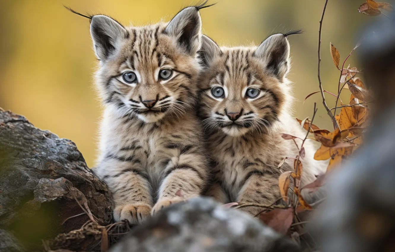 Photo wallpaper autumn, leaves, branches, stones, kitty, lynx, face, a couple