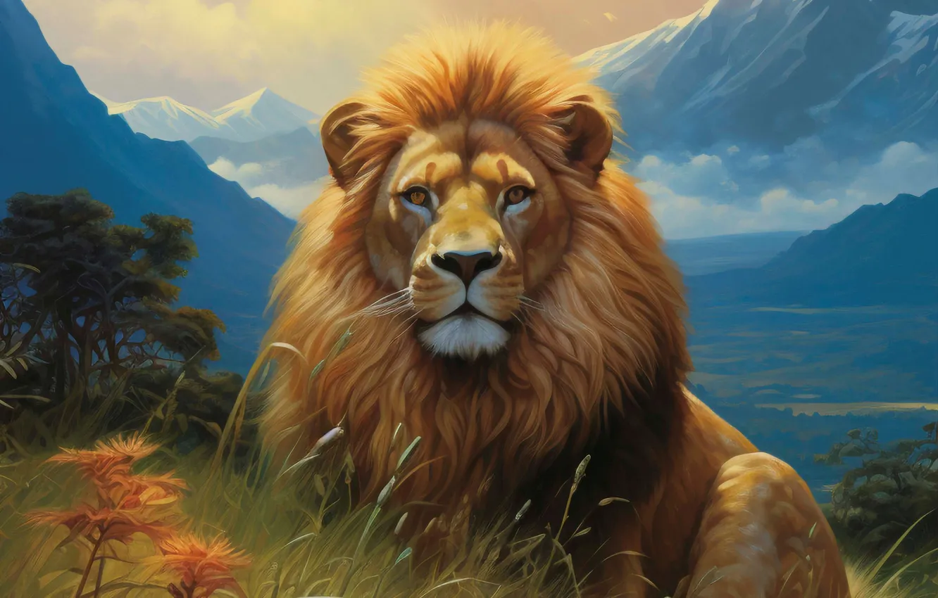 Photo wallpaper grass, look, face, mountains, predator, Leo, big cat, digital art