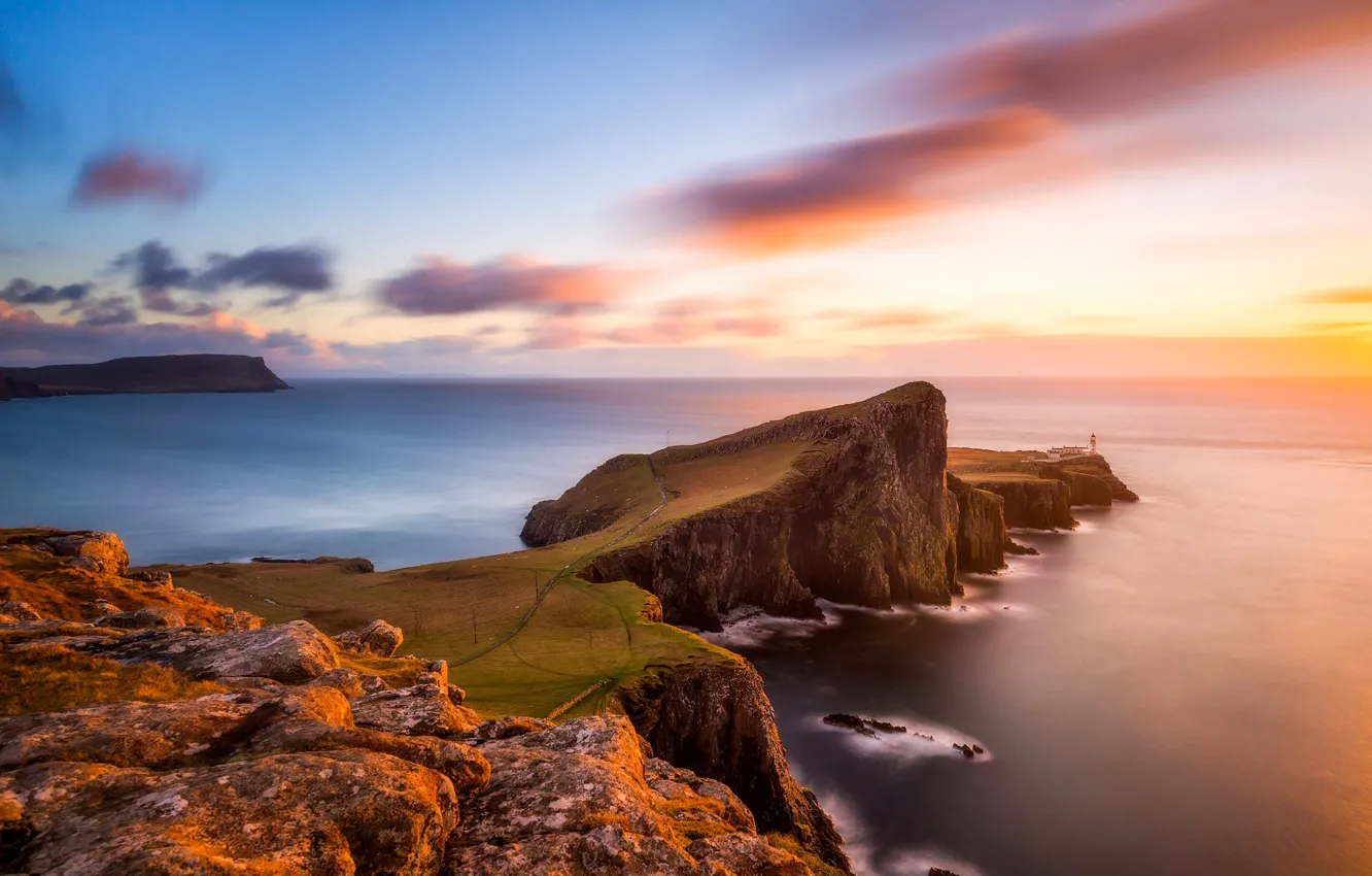 Photo wallpaper sea, sunset, stones, shore, lighthouse, island, relief