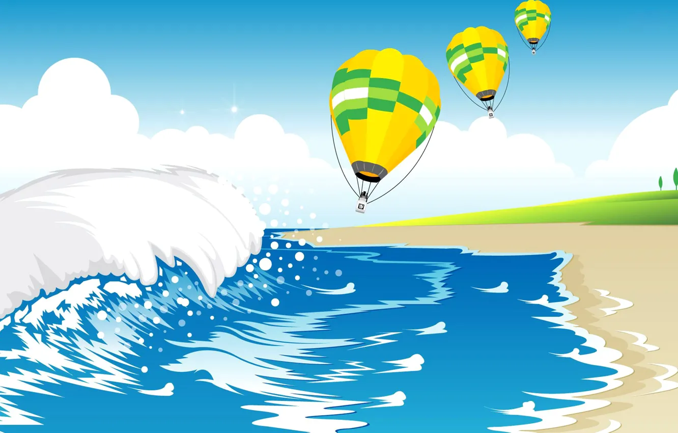 Photo wallpaper sea, wave, the sky, clouds, balloon, shore, vector