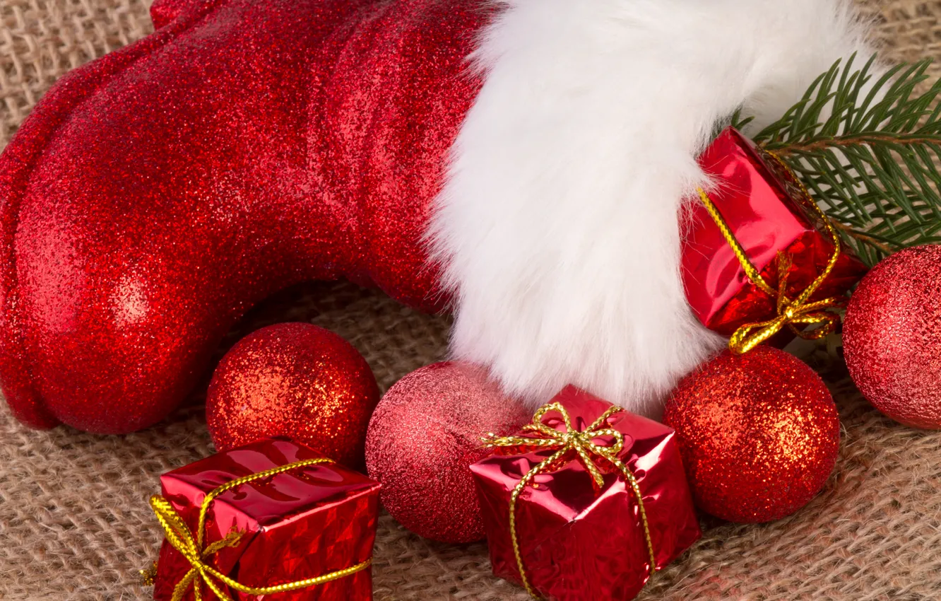 Photo wallpaper red, holiday, balls, toys, gifts, New year, fur, Christmas