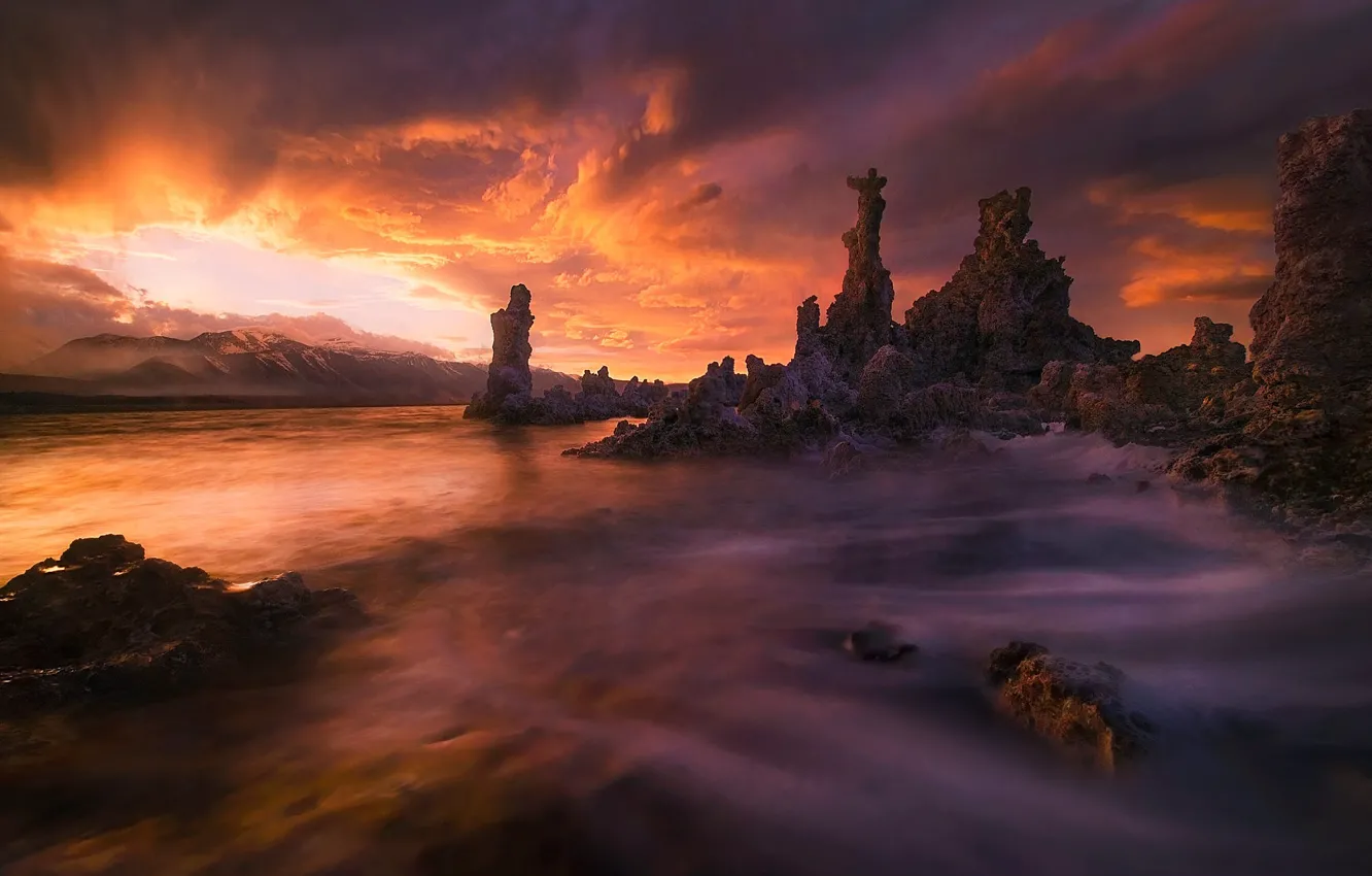 Photo wallpaper sunset, mountains, rocks, pond