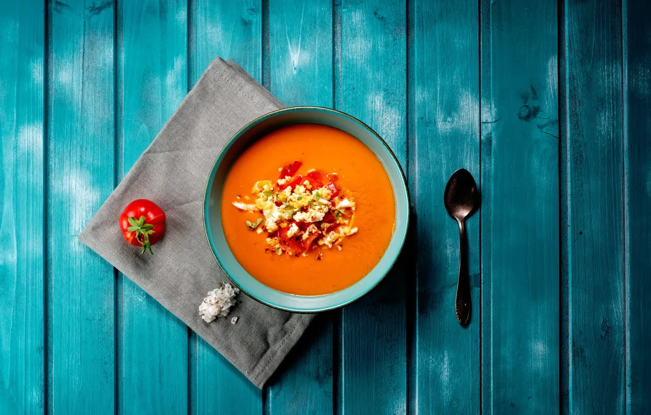 Photo wallpaper plate, spoon, soup, tomatoes