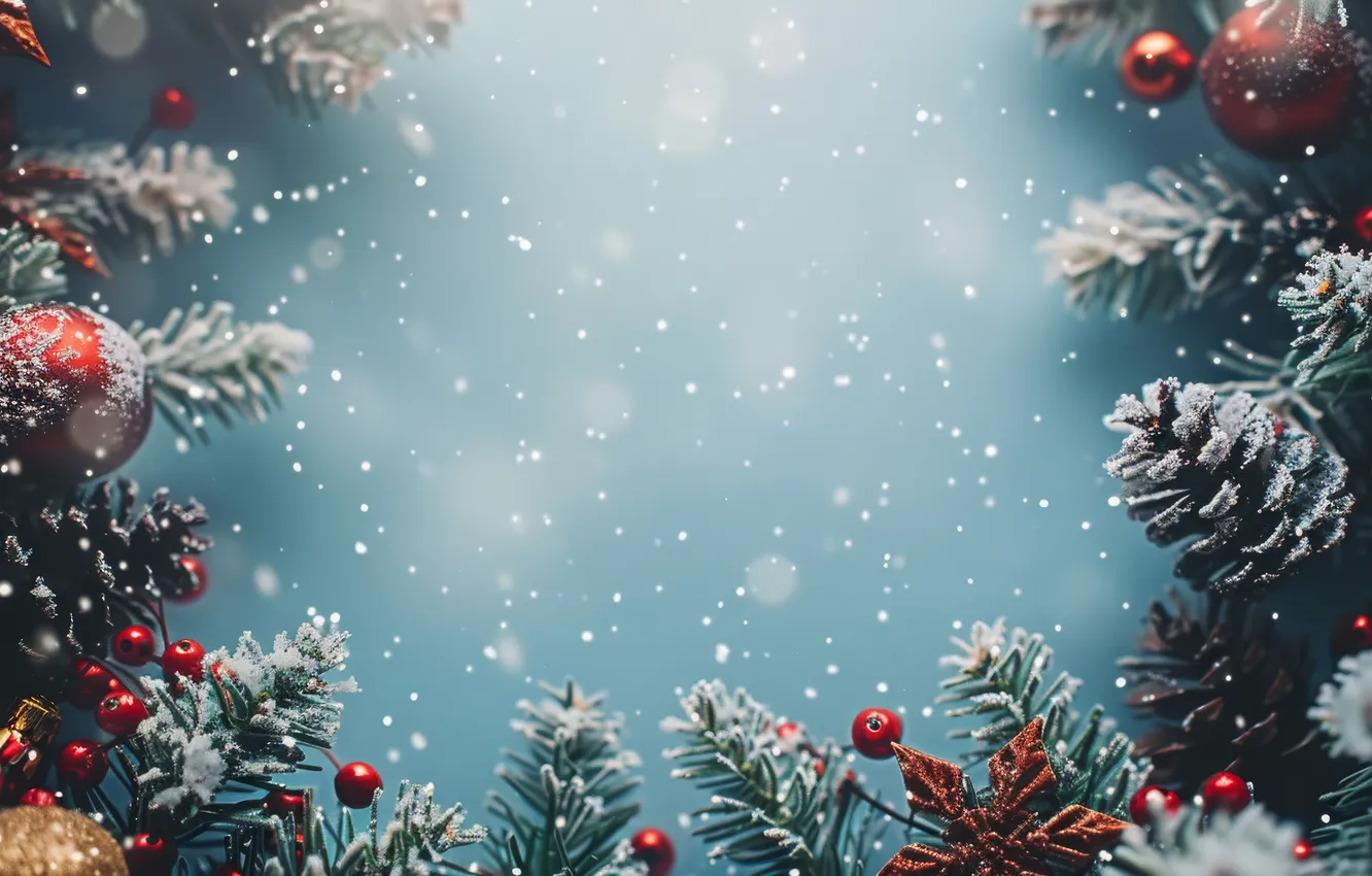 Photo wallpaper winter, balls, snow, snowflakes, branches, new year, texture, fruit