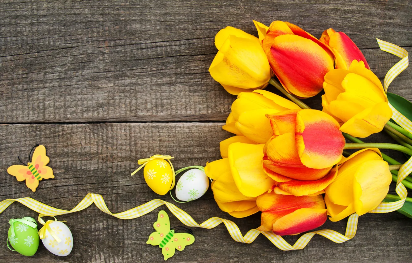 Photo wallpaper flowers, eggs, colorful, Easter, tulips, happy, yellow, wood