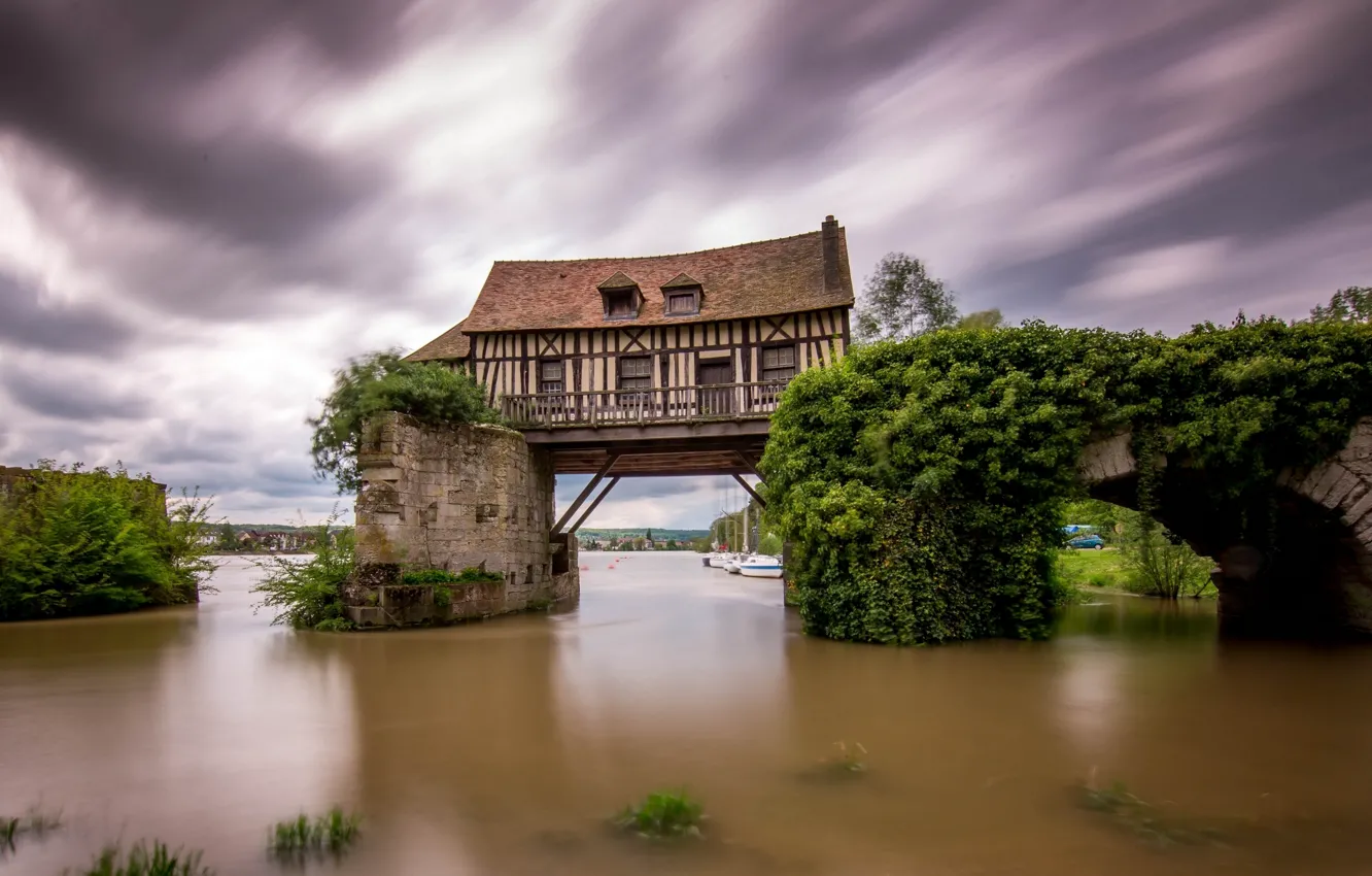Photo wallpaper river, France, Hay, France, Vernon, broken bridge, Vernon, old mill