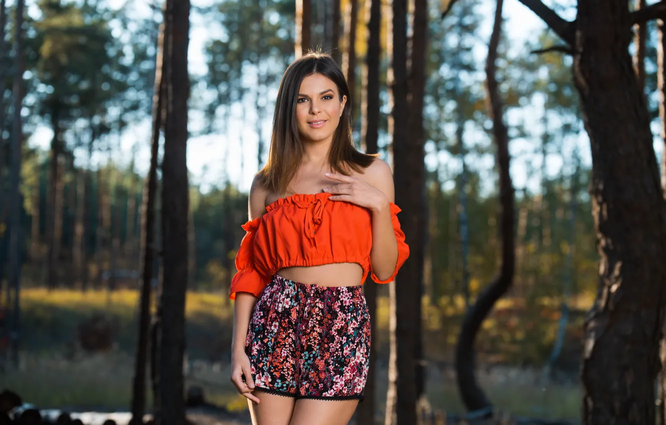 Photo wallpaper forest, hot girl, trees, brown hair, nature, model, sexy woman, countryside
