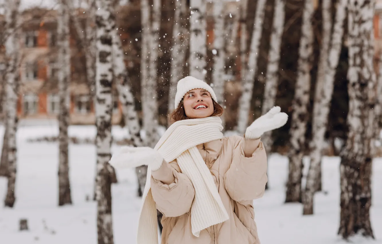 Photo wallpaper birch, Park, jacket, snowfall, mittens, winter, nature, snow