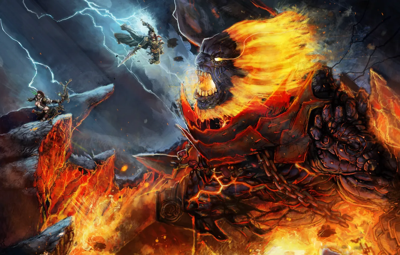 Photo wallpaper girl, monster, warrior, Archer, art, lava, giant, battle