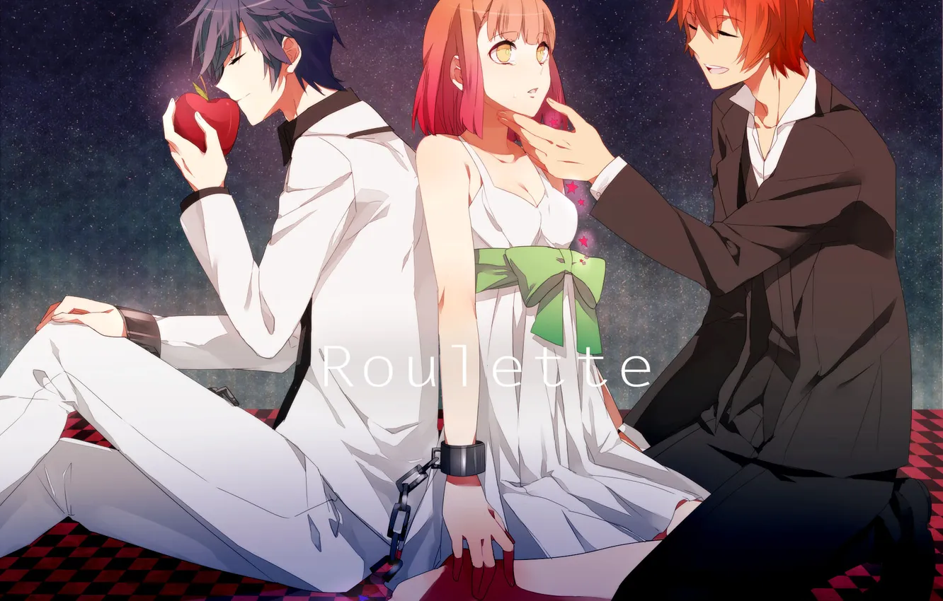 Photo wallpaper girl, apples, chain, guy, bow, ittoki otoya, ichinose tokiya, Nanami Haruka