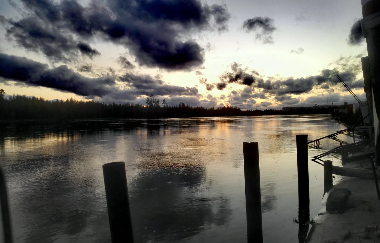 Photo wallpaper clouds, nature, river, sunrise, shore, pier, white nights