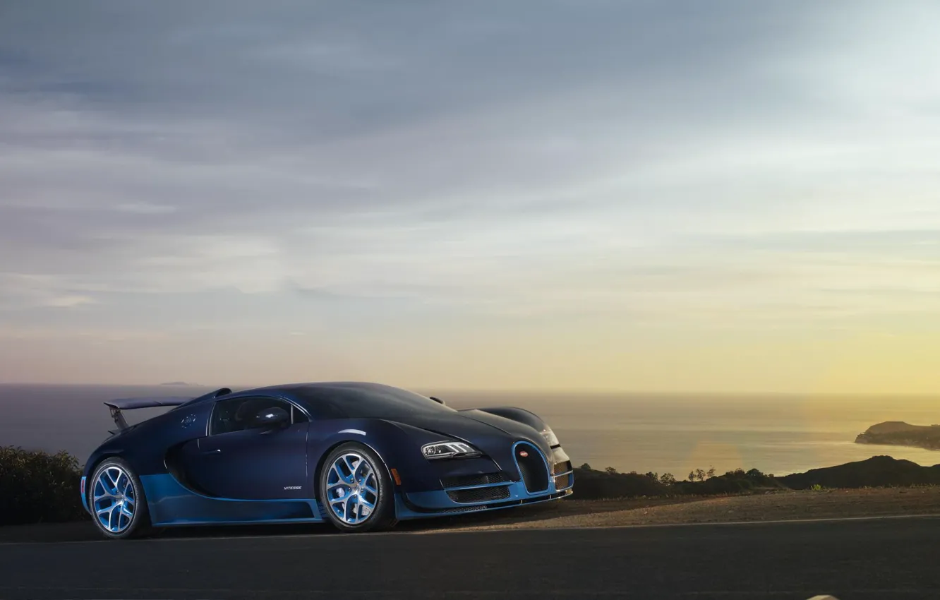 Photo wallpaper Sunset, Sea, Bugatti, Bugatti, Veyron, Veyron, Blue, Supercar