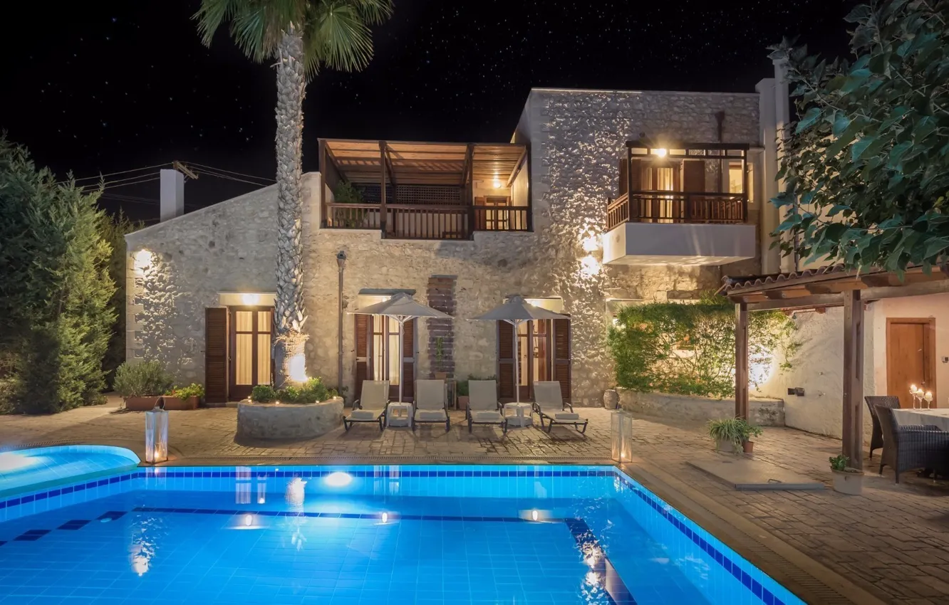 Photo wallpaper Villa, the evening, pool, Greece, architecture, Crete, Villa Asteri