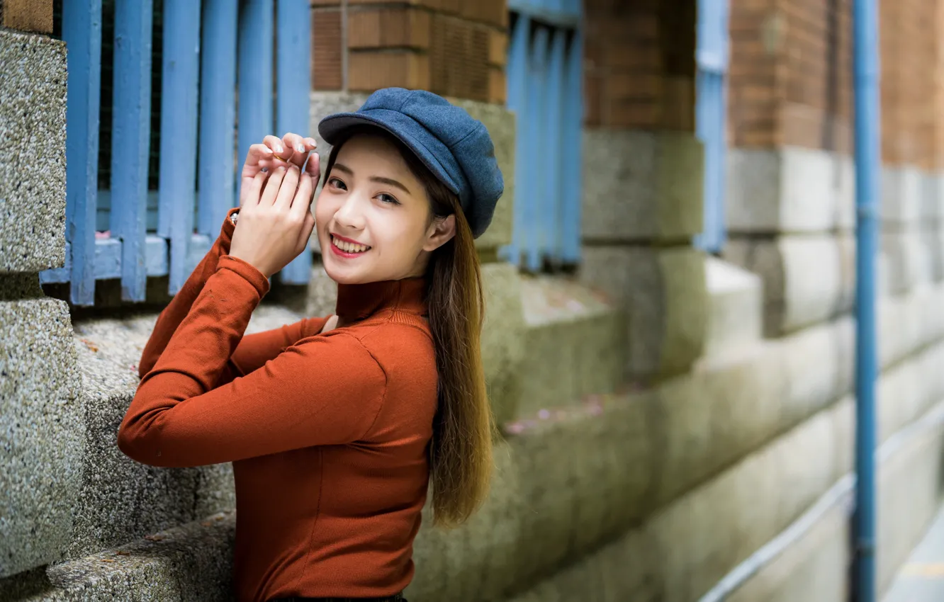 Photo wallpaper look, girl, smile, sweetheart, cap, Asian