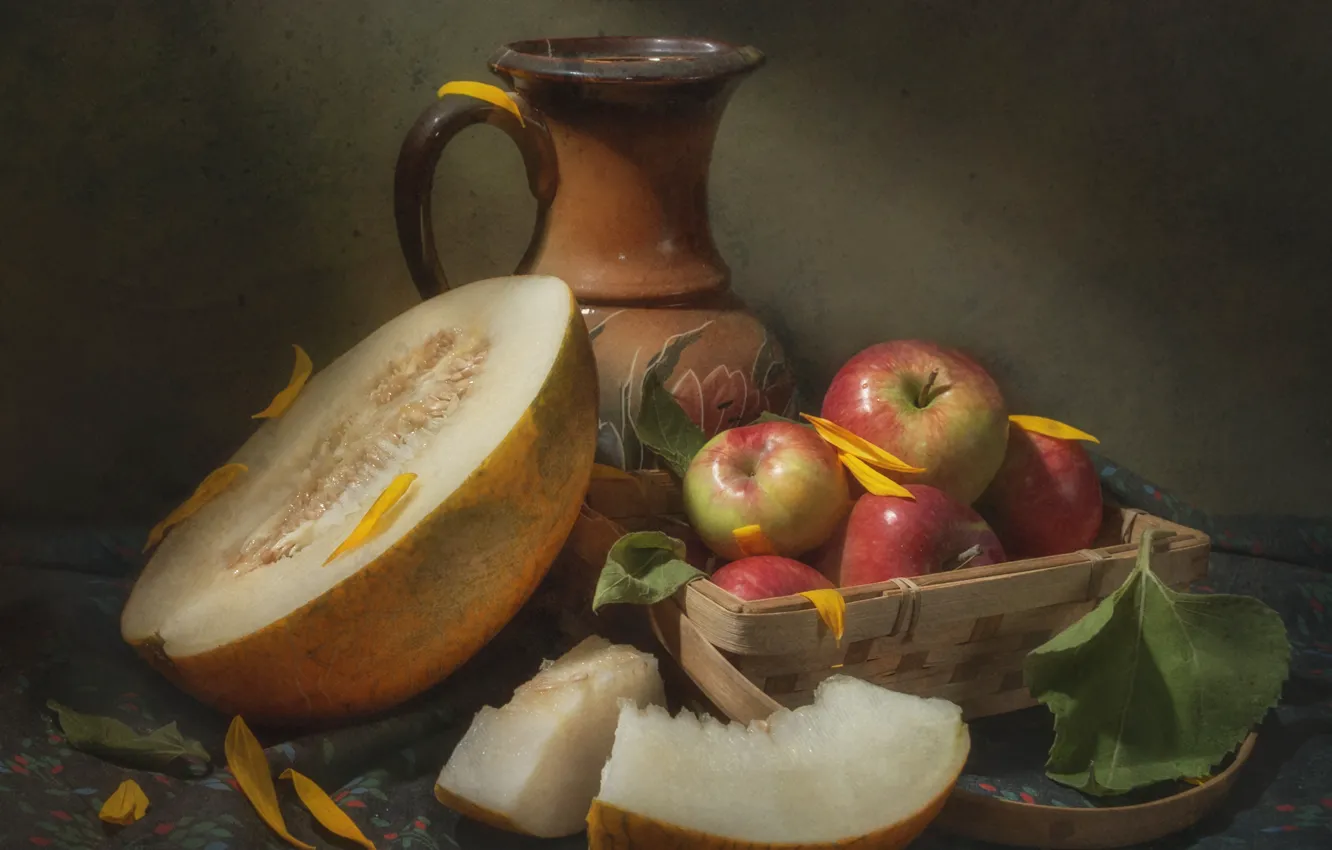 Photo wallpaper apples, fabric, pitcher, still life, basket, slices, melon