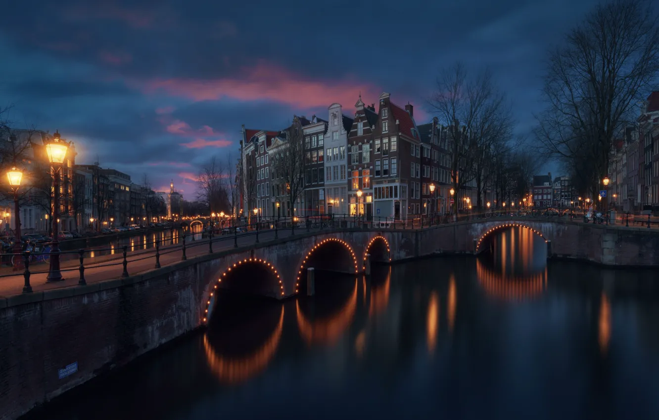 Photo wallpaper light, the city, lights, home, the evening, Amsterdam, channel, bridges