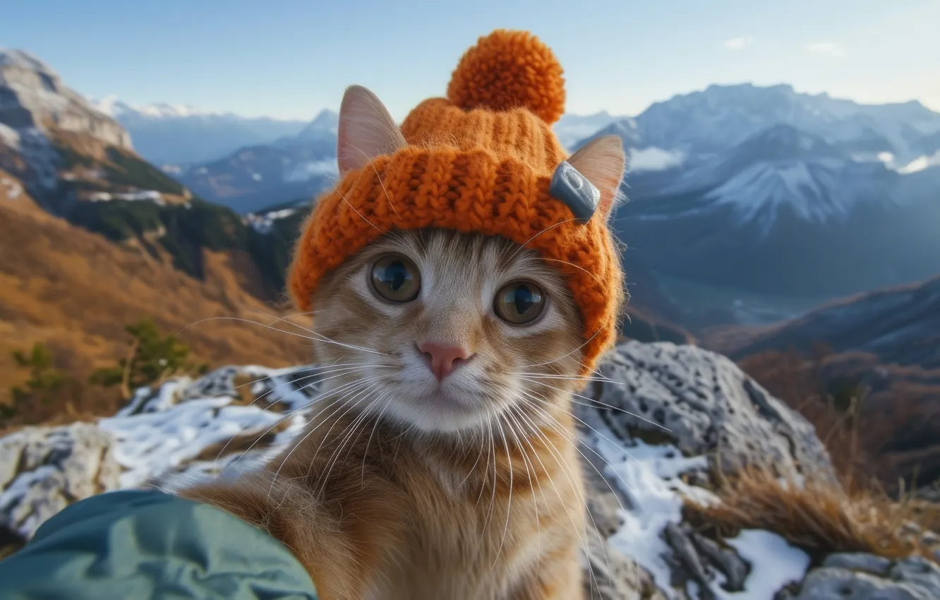 Photo wallpaper winter, cat, cat, look, snow, mountains, pose, stones