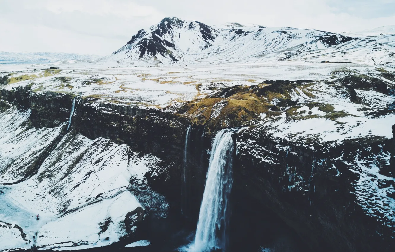 Photo wallpaper winter, snow, mountains, waterfall, Iceland