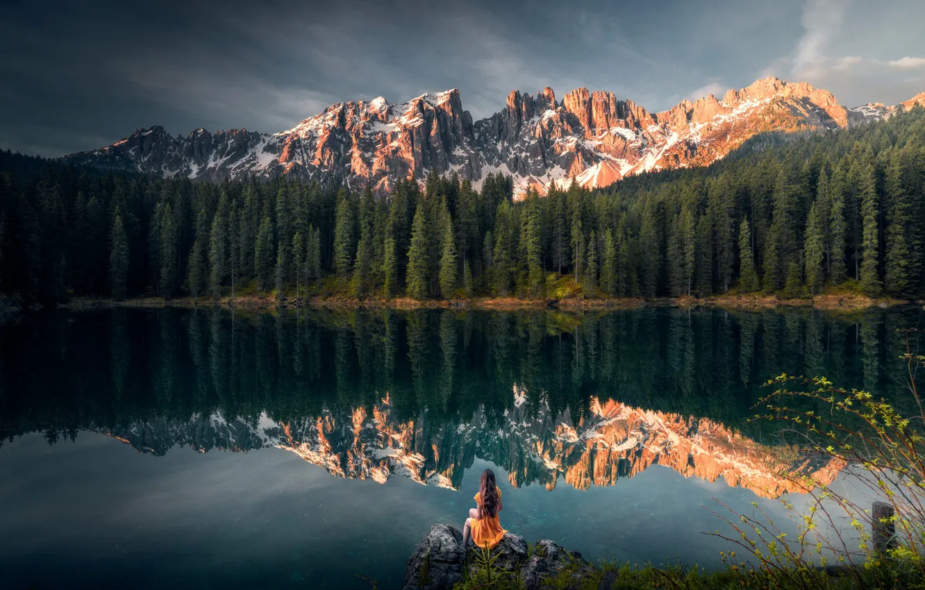 Photo wallpaper girl, landscape, mountains, nature, lake, reflection, stones, Italy
