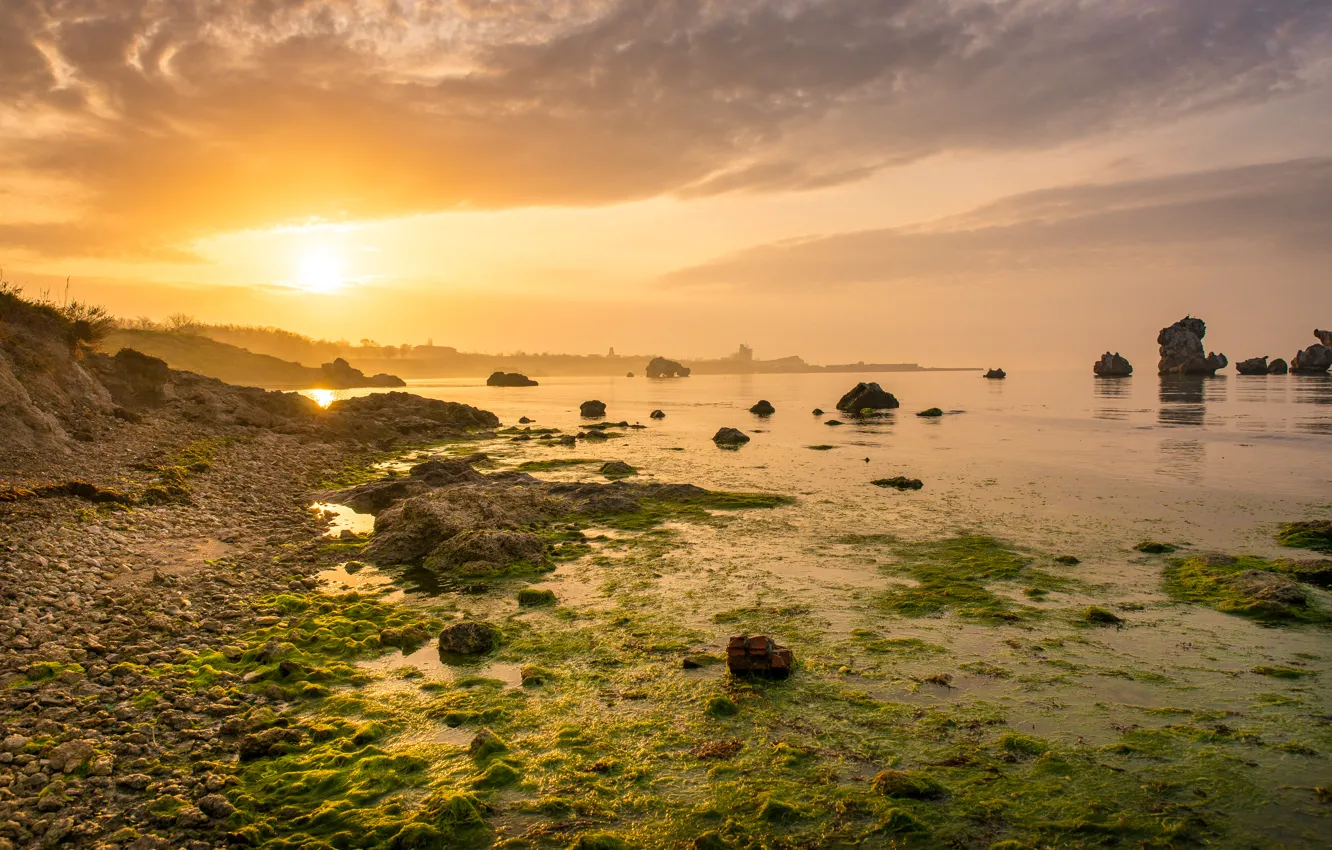 Photo wallpaper sea, stones, dawn, Crimea